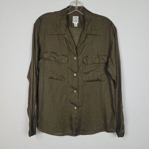 JG Hook Womens Linen Top Size 12 Olive Long Sleeve Button Blouse Vintage Classic